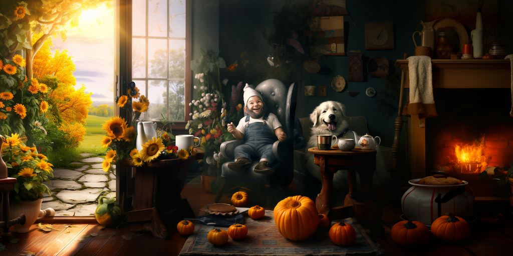 A happy gnome and dog in a rustic house.